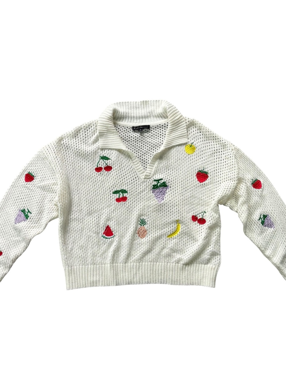 Blue Blush White Open-Knit V-Neck Sweater with Colorful Fruit Embroidery